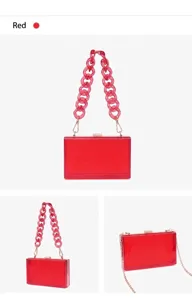 Transparent red acrylic evening clutch bag with chunky chain handle and gold strap