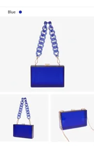 Multi-angle views of a blue transparent acrylic evening clutch with chunky chain strap.