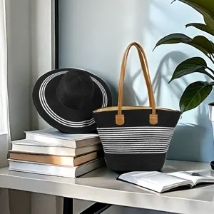Borsa tote in paglia a righe bianche e nere di grande capacità per vacanze estive
