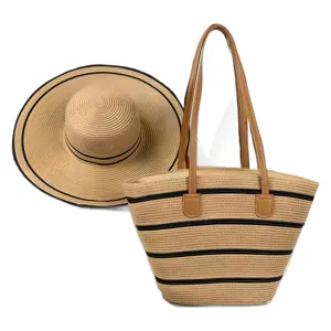 Set borsa da spiaggia in paglia intrecciata e cappello da sole con righe nere moda