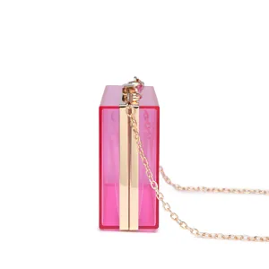 Transparent pink acrylic evening clutch bag with gold metal frame and chain strap
