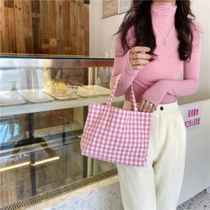 Japanese style pink checkered mini tote bag for lunch or daily essentials, cute canvas pouch