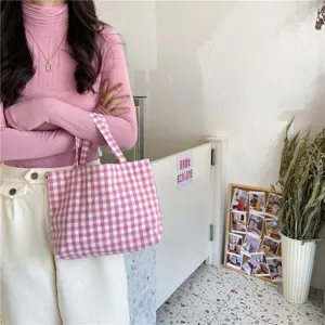 Close-up of pink and white gingham portable lunch bag held by a model in casual wear