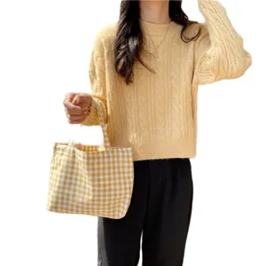 Fresh Japanese style yellow checkered canvas tote bag perfect for lunch or daily errands