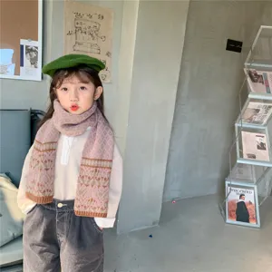 Sciarpa lavorata a maglia invernale per bambini motivo a rombi collo caldo colorblock casual