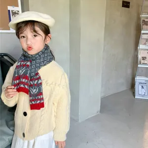 Sciarpa in maglia invernale per bambini con motivo a rombi, scaldacollo color-block caldo per bambini.