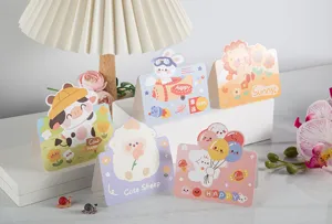 Ensemble de cartes de vœux d'animaux de dessin animé mignon, cartes de message créatives pour cadeaux.