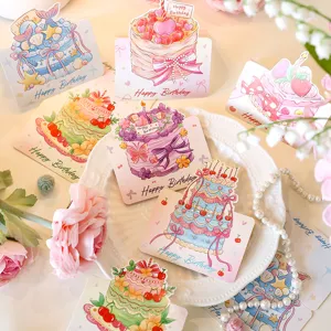 Watercolor Birthday Greeting Cards Cute Cake Design Small Message Cards Set Detail View