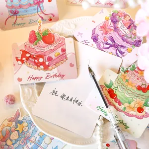 Cartoon watercolor 3D birthday cake greeting cards set with message card for party and florist.
