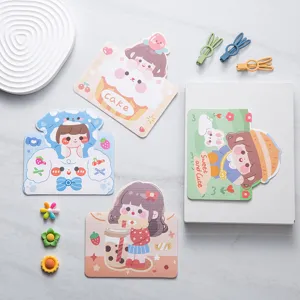 Bonito juego de tarjetas de felicitación de dibujos animados, tarjetas de papel decorativas de niña.