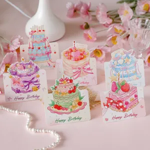 Watercolor cartoon birthday cake 3D greeting cards, cute message cards for flower shops.