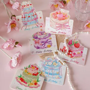 Cartoon watercolor birthday cake 3D greeting cards, cute gift message cards for florist parties