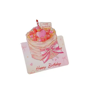 Cartoon watercolor birthday cake greeting card pink 3D design with candle and pearl bow for gifts