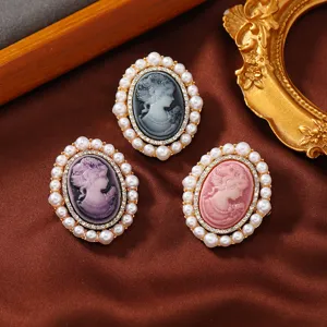 Vintage oval cameo brooch with pearls and rhinestones, elegant relief portrait pin for women coats.