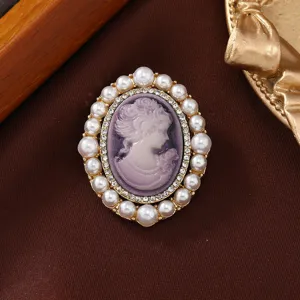 Vintage Cameo Alloy Simulated Pearl Rhinestone Portrait Brooch Pin For Women