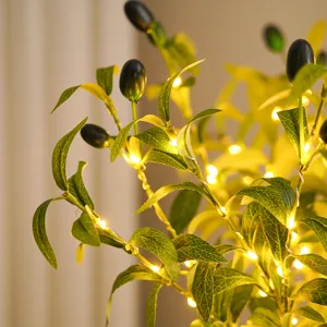 Artificial olive branch with LED string lights, perfect for home decor, weddings, and parties.