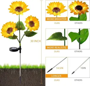 Solar 3-head sunflower garden light detail showing brightness, realistic leaves and long stake.