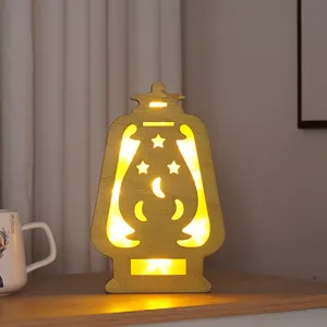 Wooden LED decorative night light with star and moon hollow design for cozy indoor home decor.