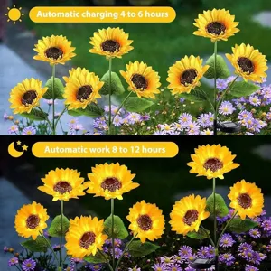 Outdoor solar sunflower garden light detail showing daytime charging and bright night illumination.