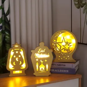 Wooden LED decorative light set, moon star and lantern shape night lamp for home room decor.