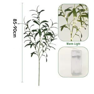 Artificial olive branch light detail, warm LED illumination, battery box operated decor.