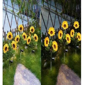 Outdoor solar sunflower lights detail view, waterproof garden LED landscape stakes for lawn yard patio decoration.