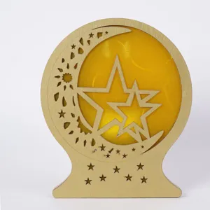 Wooden LED crescent moon and star decorative lamp for home interior table night light