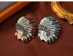 Detailed close-up showing intricate rhinestone details on retro Indian chief head brooches.