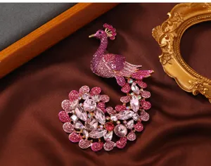 Vintage rhinestone peacock brooch pin, exquisite crystal sweater accessory for women detail.