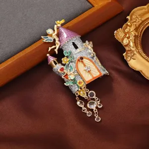 Vintage fairytale castle brooch with crystal rhinestones and tassel pendant for women coat