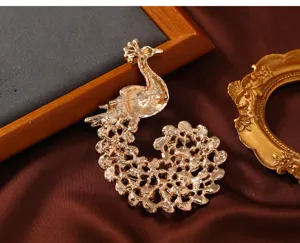 Vintage peacock brooch pin back view, alloy hollow design, elegant women sweater jewelry accessory