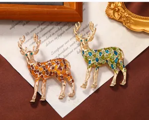 Elegant crystal rhinestone elk deer brooch pin, vintage enamel animal corsage for women.