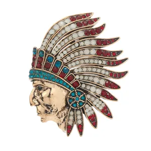 Vintage Native American chief brooch for men, alloy rhinestone suit pin accessories.