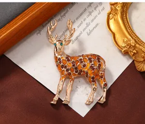 Christmas deer brooch rhinestone enamel gold animal pin festive accessories new