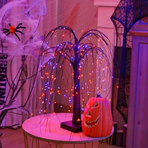Halloween LED Weidenbaum Lichterkette mit orangen und lila Lichtern für die Heimdekoration.