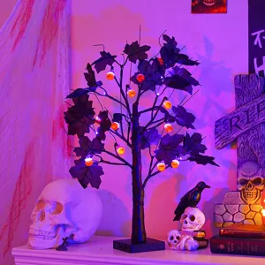 LED Halloween Baum Leuchte mit Kürbis Geistern, ideal für gruselige Party Tischdeko und Nachtlicht.