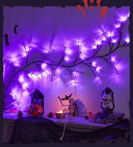 Halloween branch light detail view, purple LED spooky tree vine decor for party holiday ambiance.
