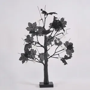 Schwarzer Halloween Baum mit LED Geister Lichtern, perfekte Dekoration fuer gruselige Partys.