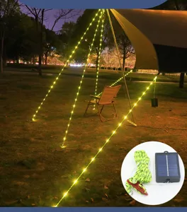 Cuerda de viento luminosa impermeable para tienda de campaña con panel solar y luces LED.