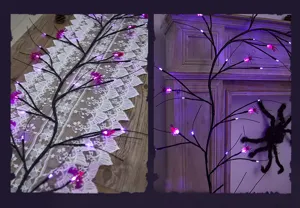 Halloween LED branch light with purple glowing lights and cute bat spider decors for spooky party.