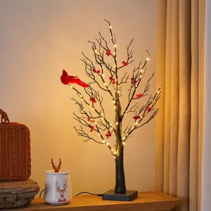 LED Baum Licht mit rotem Vogel und Beeren fuer Wohnzimmer Deko warme Feiertagsbeleuchtung
