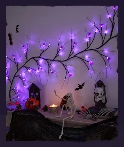 Halloween purple lighted artificial branch with spiders for spooky indoor holiday party decoration