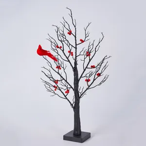 LED-beleuchteter schwarzer künstlicher Deko-Baum mit roten Beeren und Kardinal-Vogel für Zuhause.