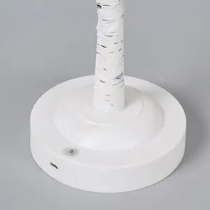 Dettaglio della base della lampada albero di betulla bianca, base LED con interruttore.