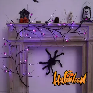 Halloween LED branch lights with purple lights and spooky spider decorations for party.