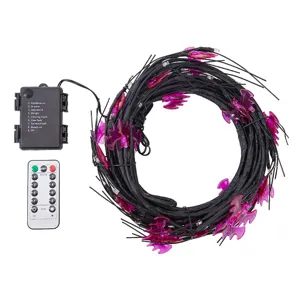 Halloween LED bat twig string lights with battery box and remote control for holiday decor.