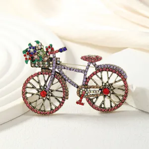 Vintage Strass Fahrrad Brosche mit bunten Kristall Blumen, elegante Mantel Anstecknadel Accessoire.