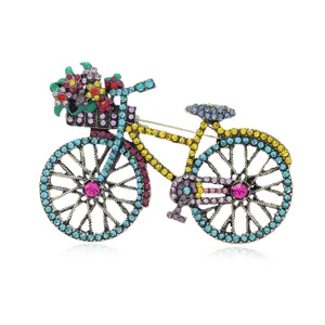 Vintage bunte Strass Fahrrad Brosche mit Blumen Korb Anstecknadel fuer Damen Mantel Hut.