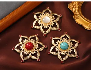 Vintage matte gold flower brooch with turquoise and crystal center for women fashion accessories