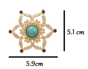Retro vintage turquoise hollow lotus flower brooch matte gold alloy fashion jewelry pin 5.1cm